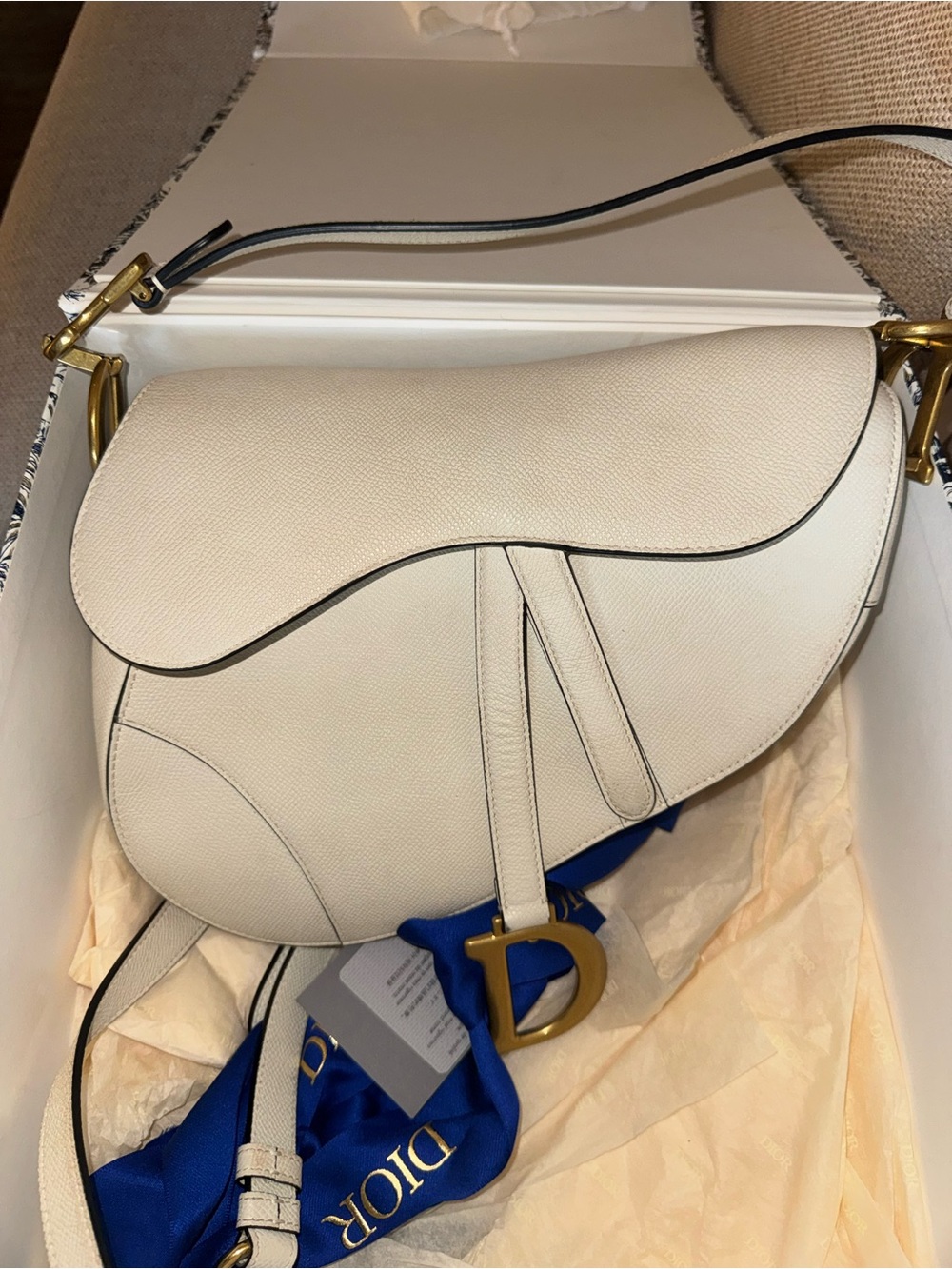 Large Dior Ivory Saddle Shoulder Bag with Gold 'D' Charm